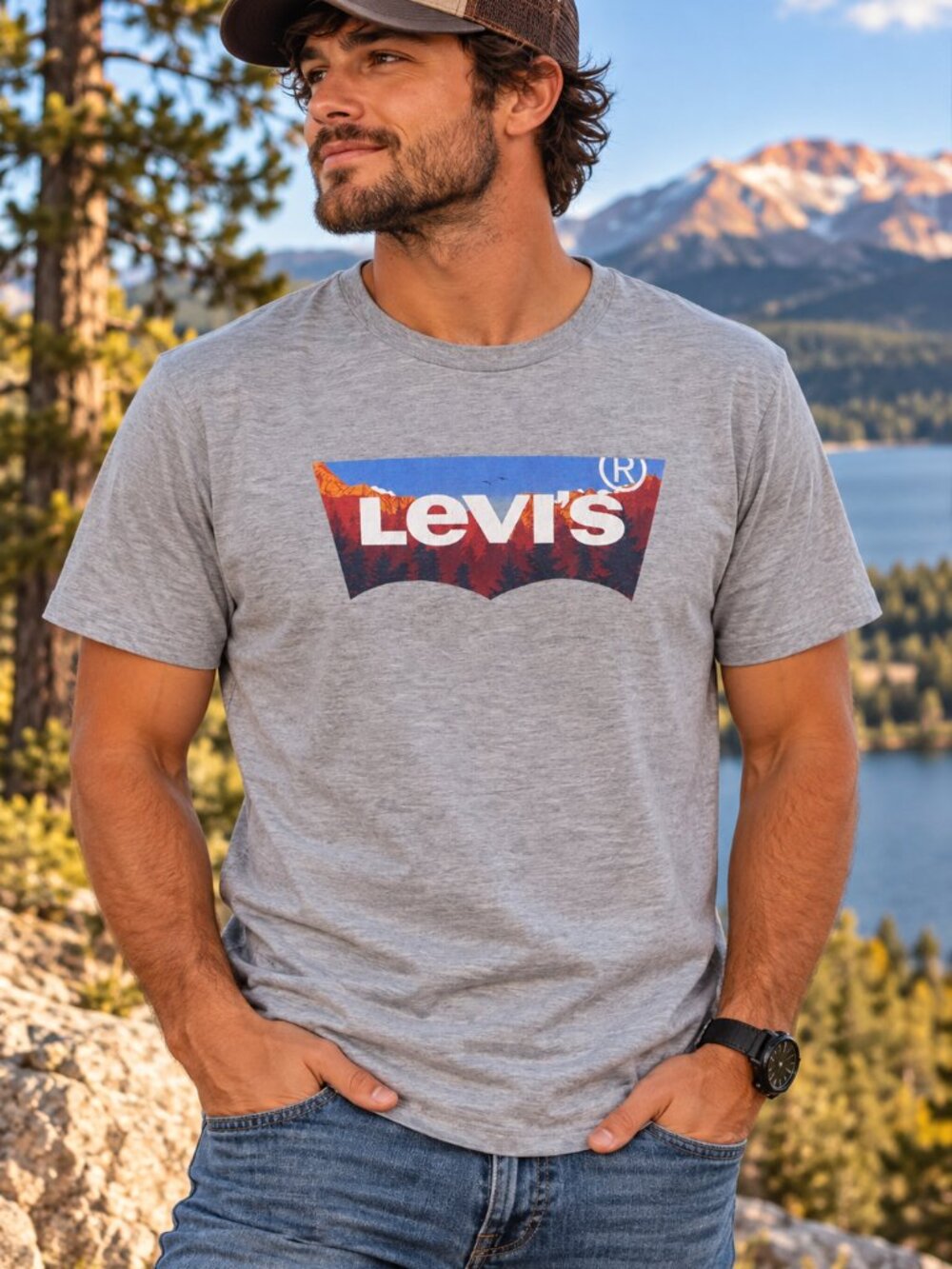 Levi’s Men’s M Gray Mountain Forest Batwing Logo Graphic T-Shirt Tee 160